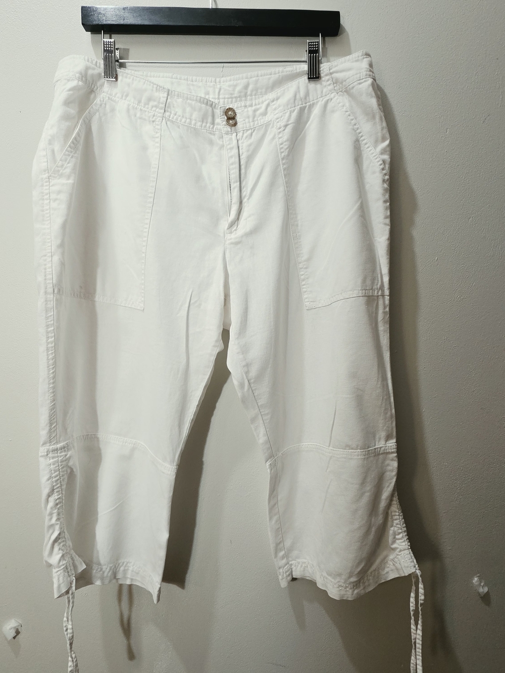 White Drawstring Ruched Hem Crop Capri Cotton Linen Pants Plus Size 16 Y2k Beach